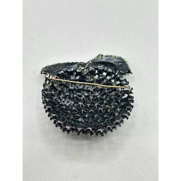 Vintage Signed WEISS Japanned Apple Pin Brooch Red Rhinestones Green Enamel Leaf - Picture 5 of 7